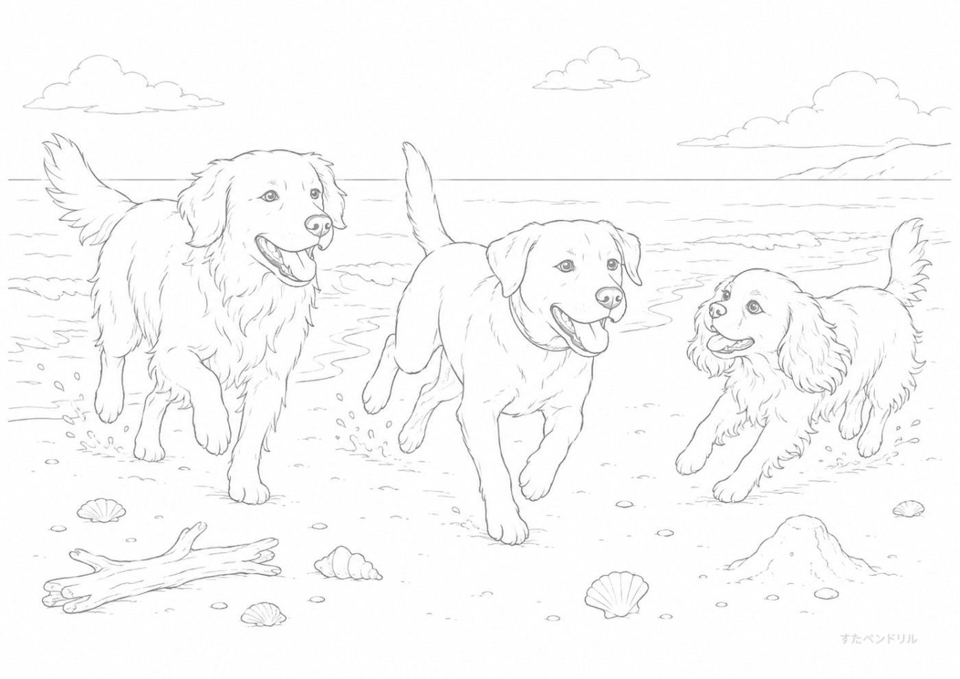リアル・海辺を走る犬たち ぬりえプリント A4 無料ダウンロード