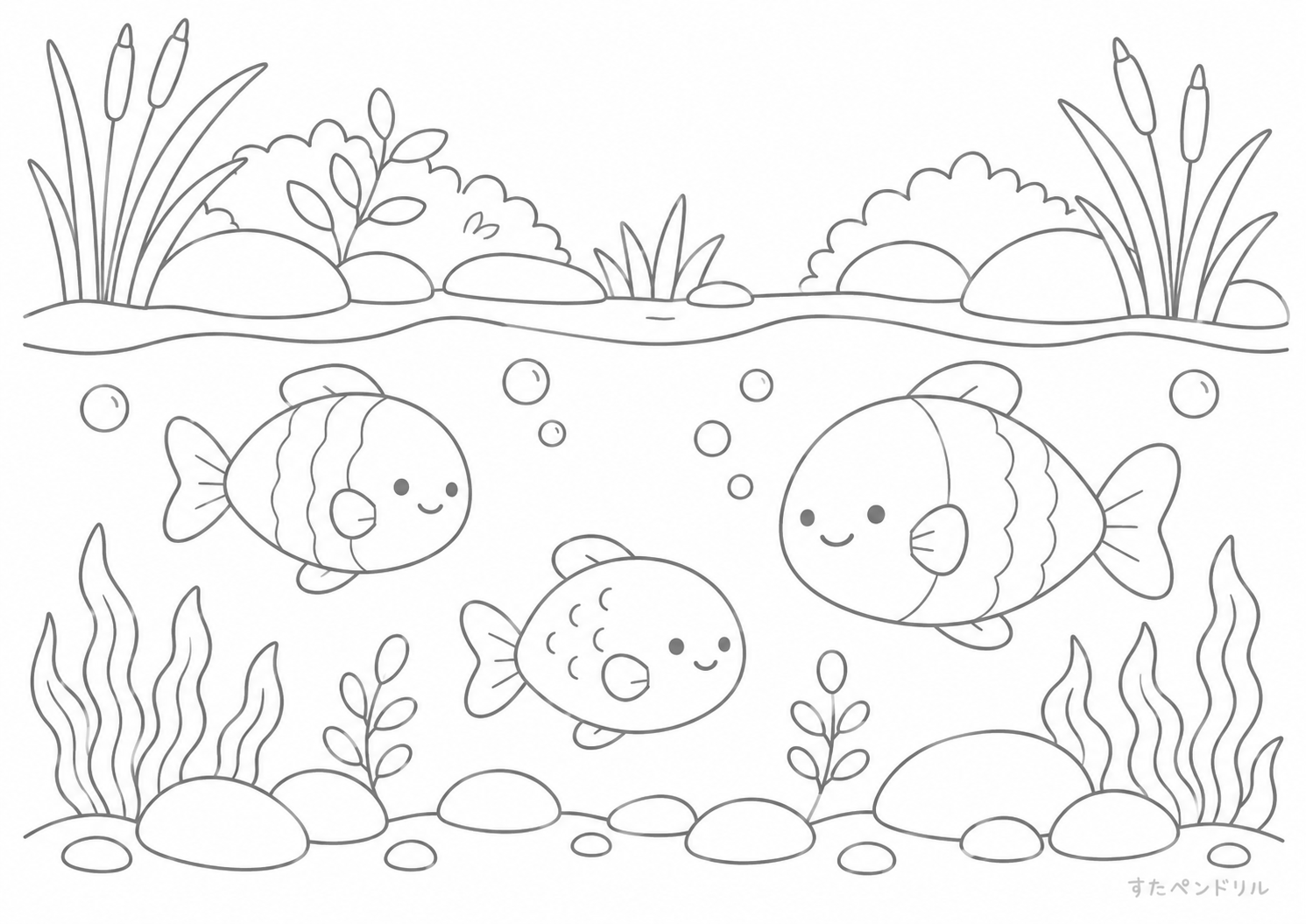 川を泳ぐ魚の塗り絵プリント