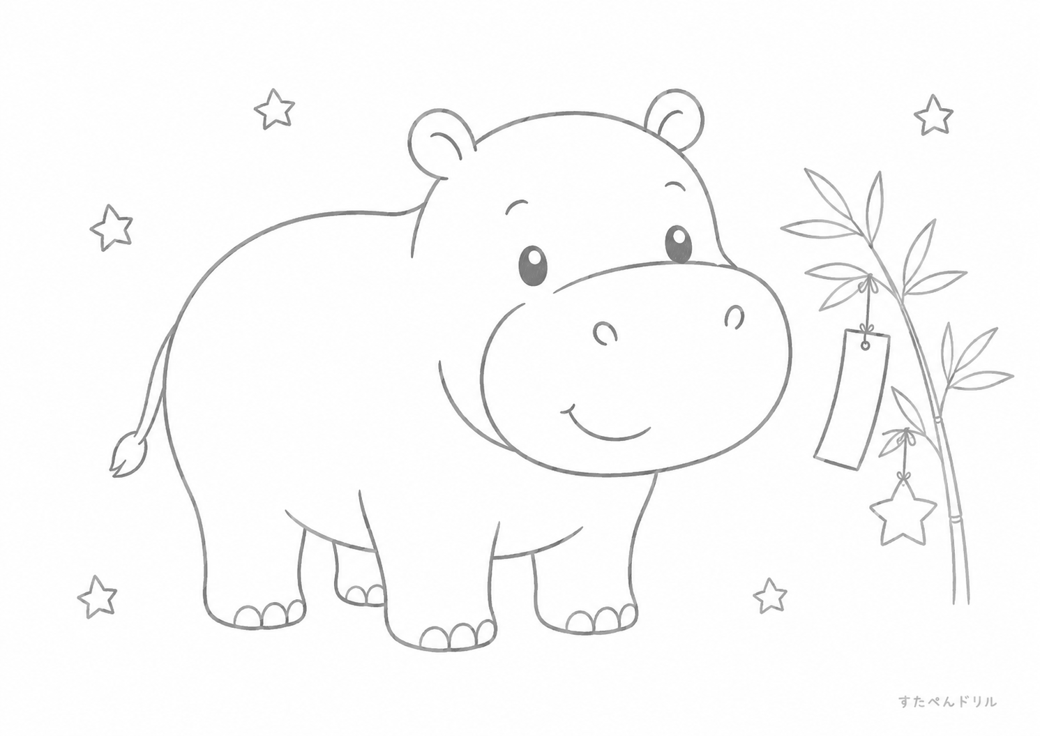 七夕とカバのぬりえプリント