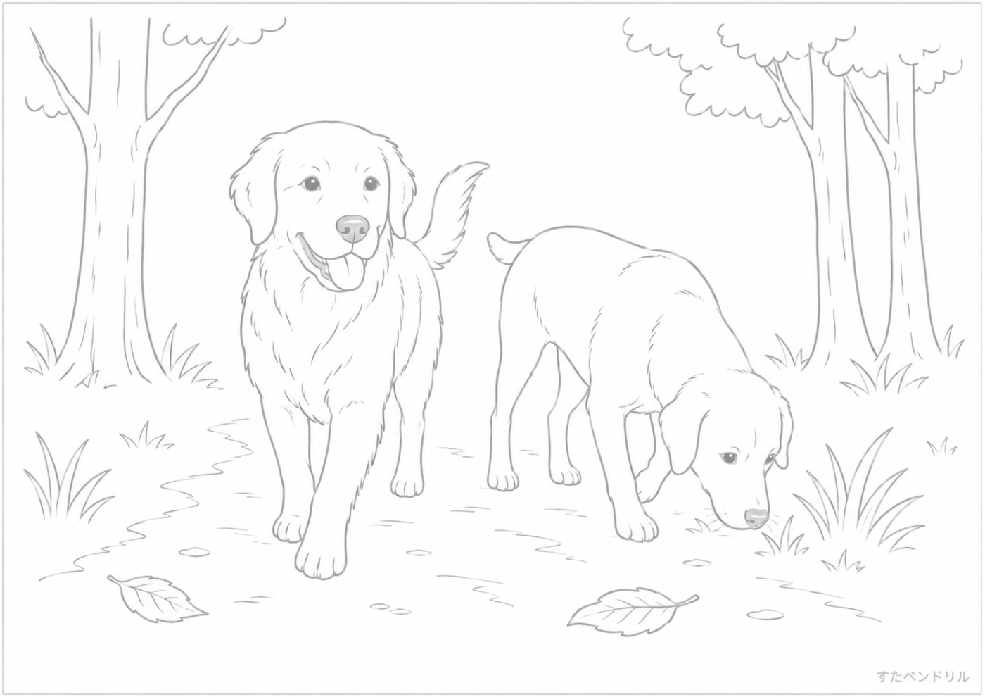 リアル・森の小道を歩く犬たち ぬりえプリント A4 無料ダウンロード