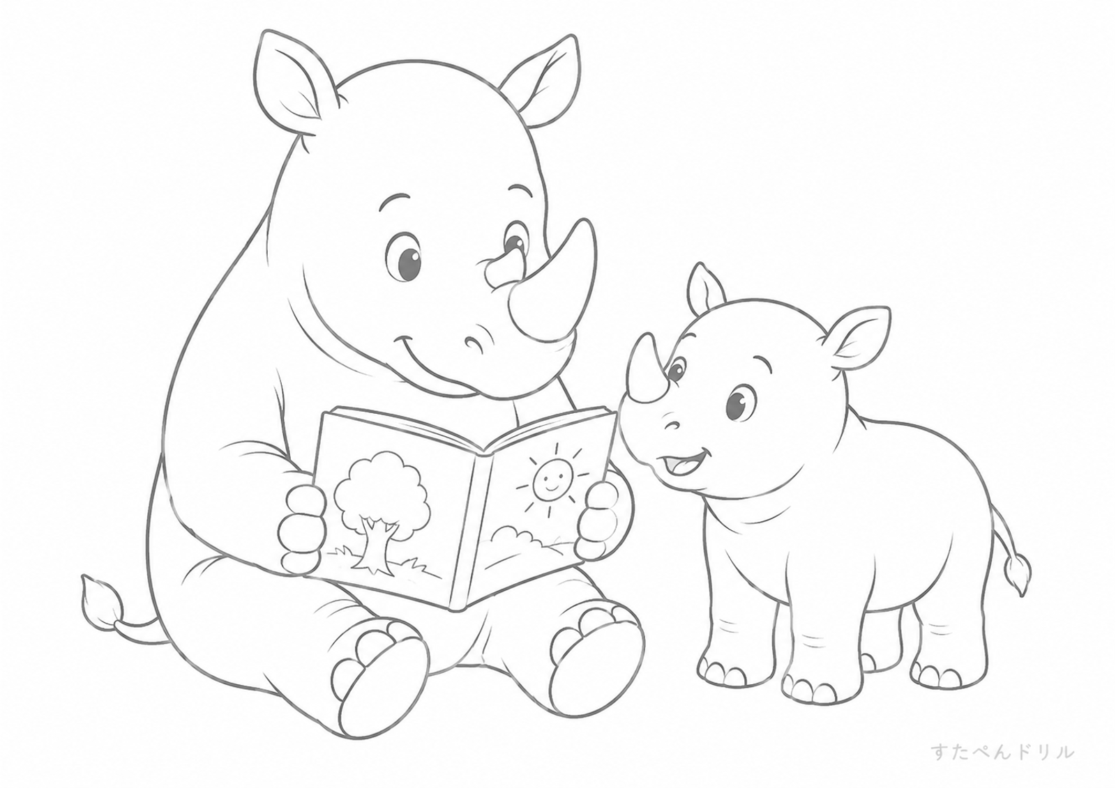 絵本を読むサイのぬりえプリント