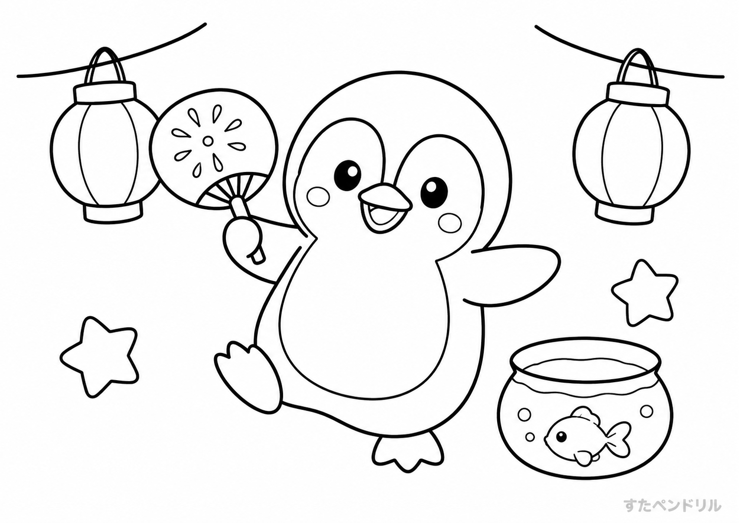 夏祭りのペンギンのぬりえ