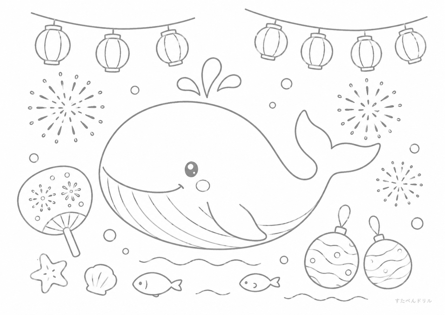 夏祭りのクジラぬりえ 無料プリント A4 PDF