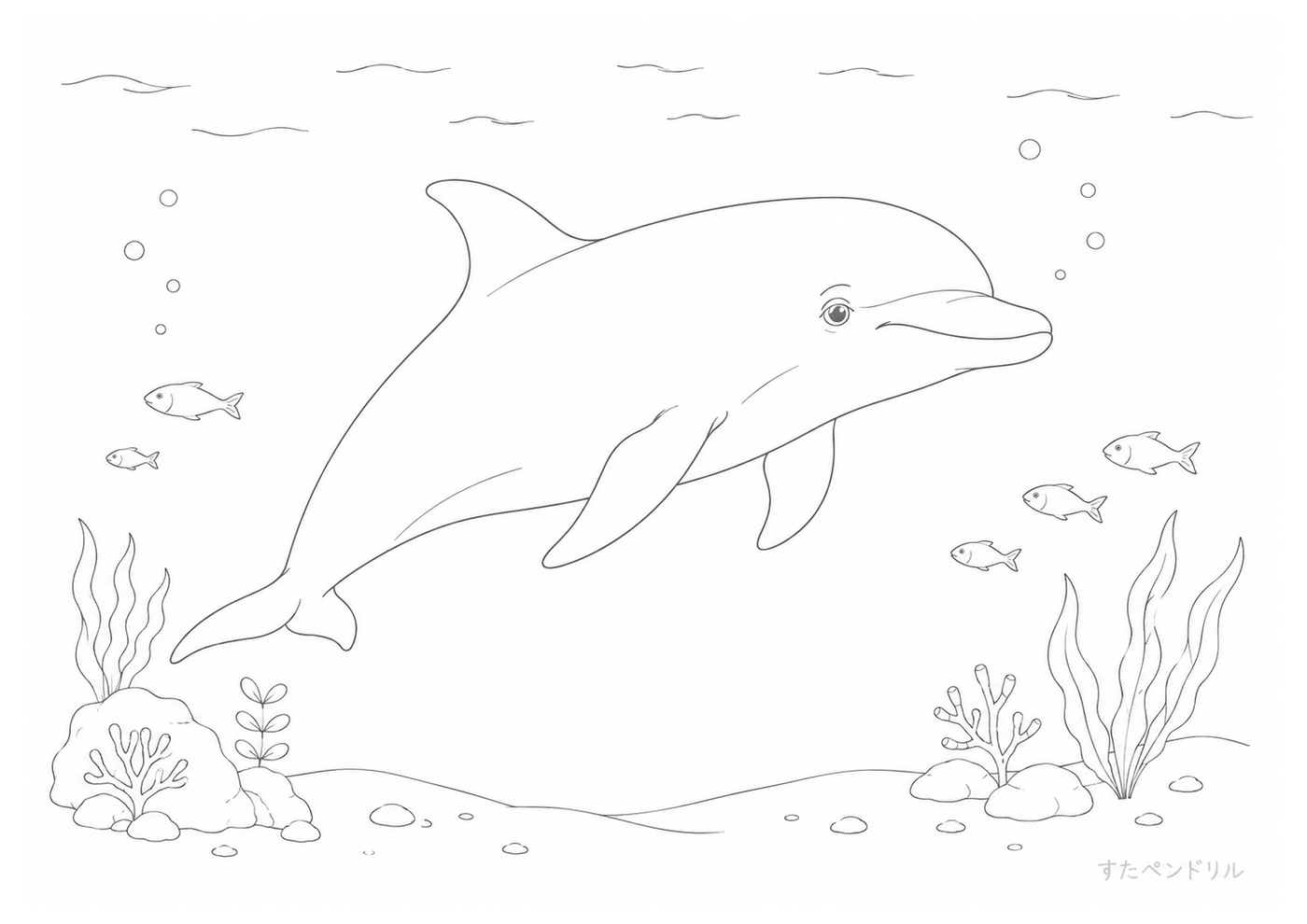 海藻と魚の中を泳ぐリアルなイルカのぬりえ無料ダウンロード