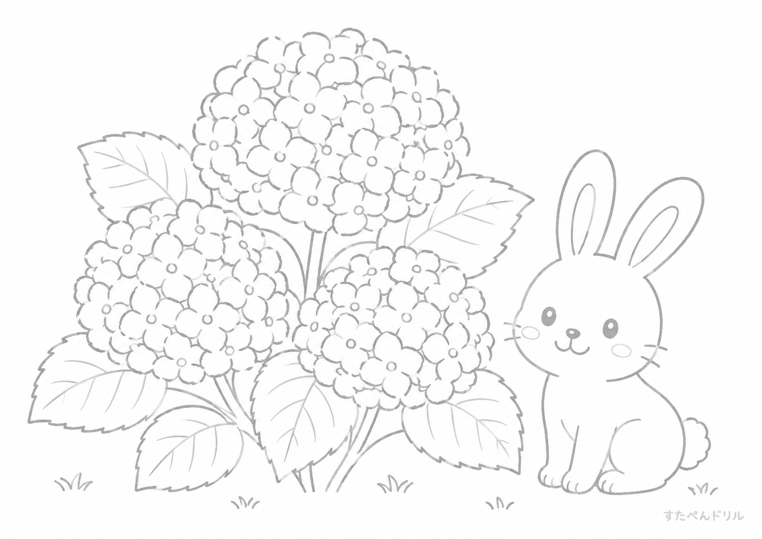 アジサイとうさぎのぬりえ 無料プリント A4 PDF