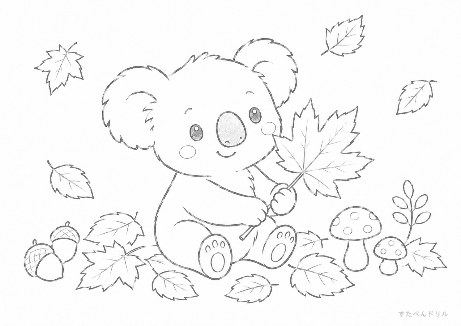 秋の落ち葉コアラぬりえ 無料プリント A4 PDF
