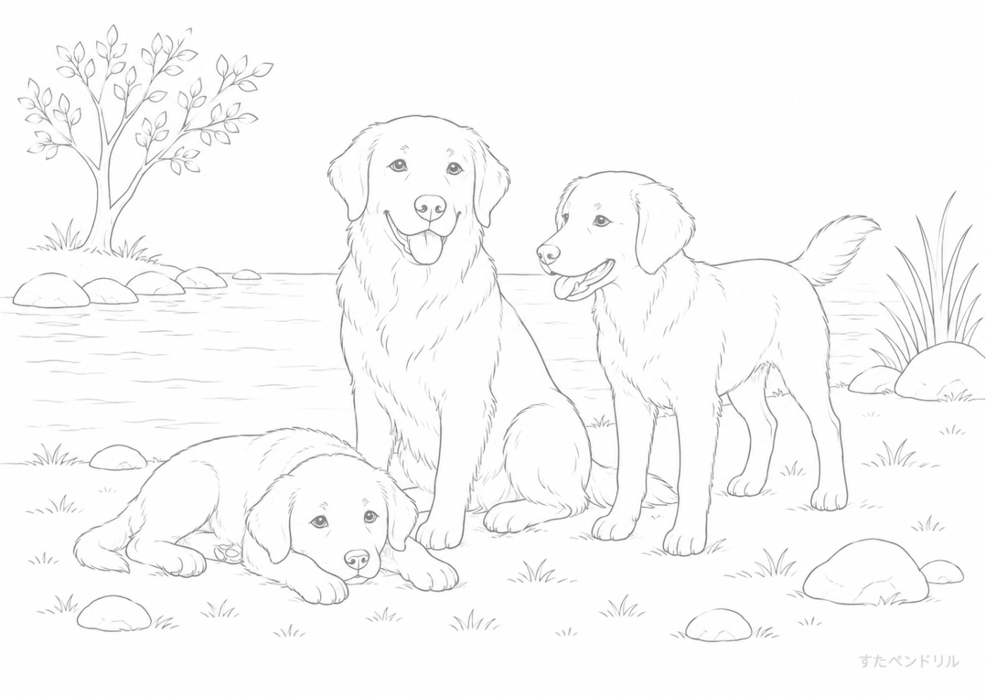 リアル・川辺で過ごす犬の家族 ぬりえプリント A4 無料ダウンロード