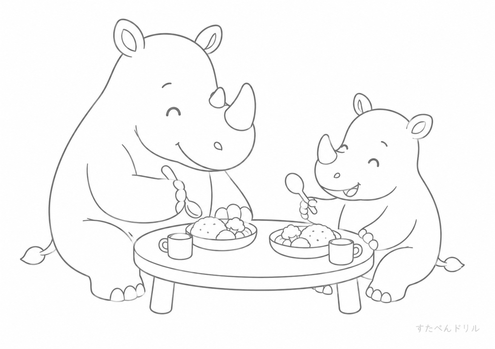 ごはんを食べるサイのぬりえプリント