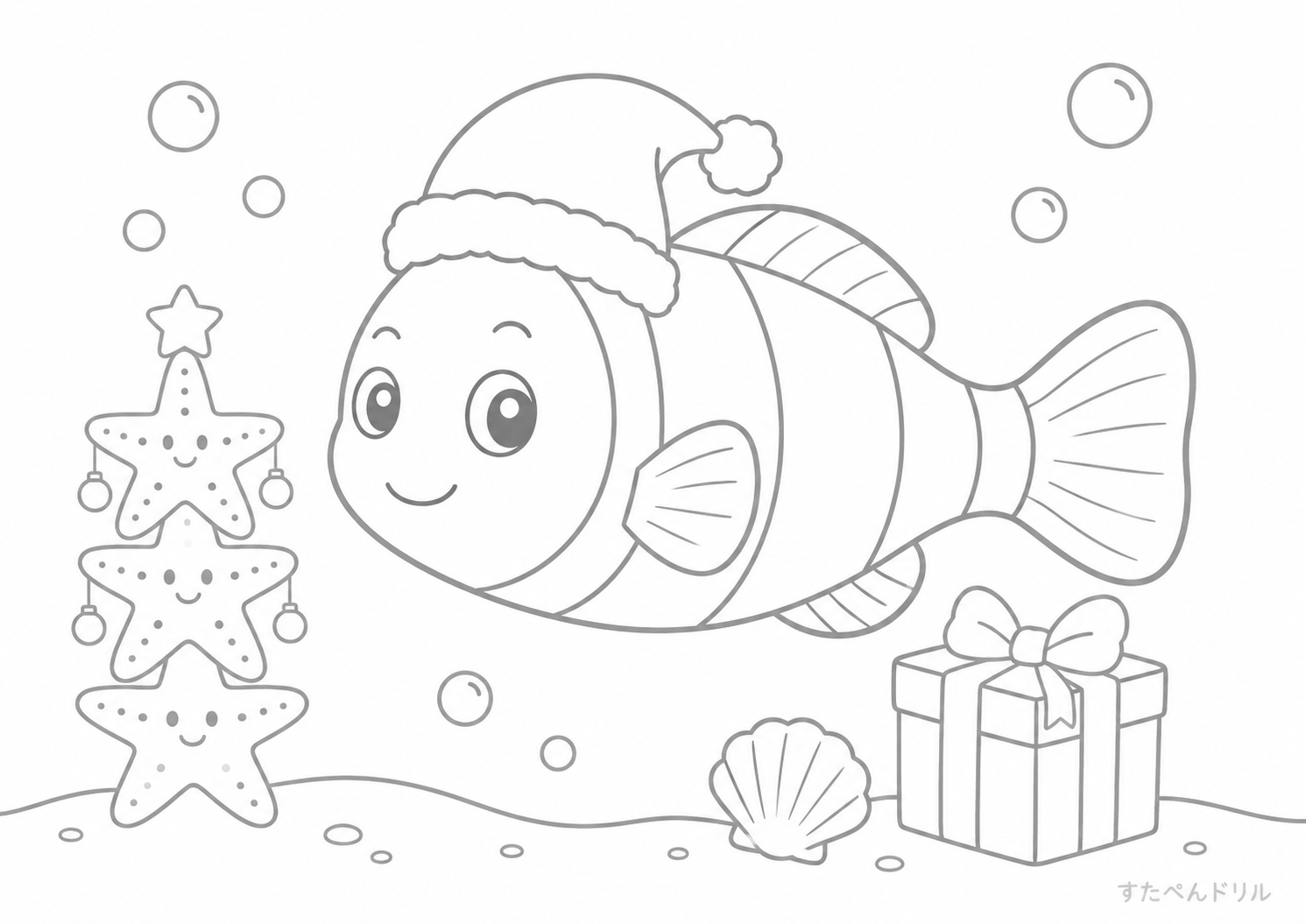 クリスマス魚の塗り絵プリント