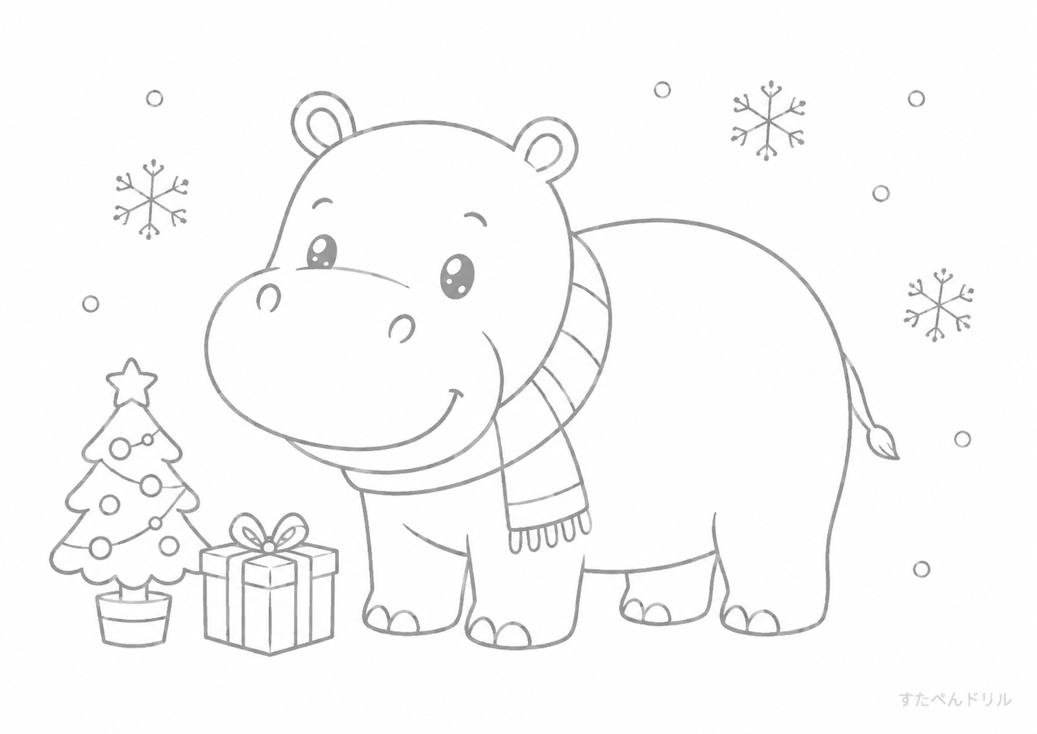 クリスマスカバのぬりえプリント