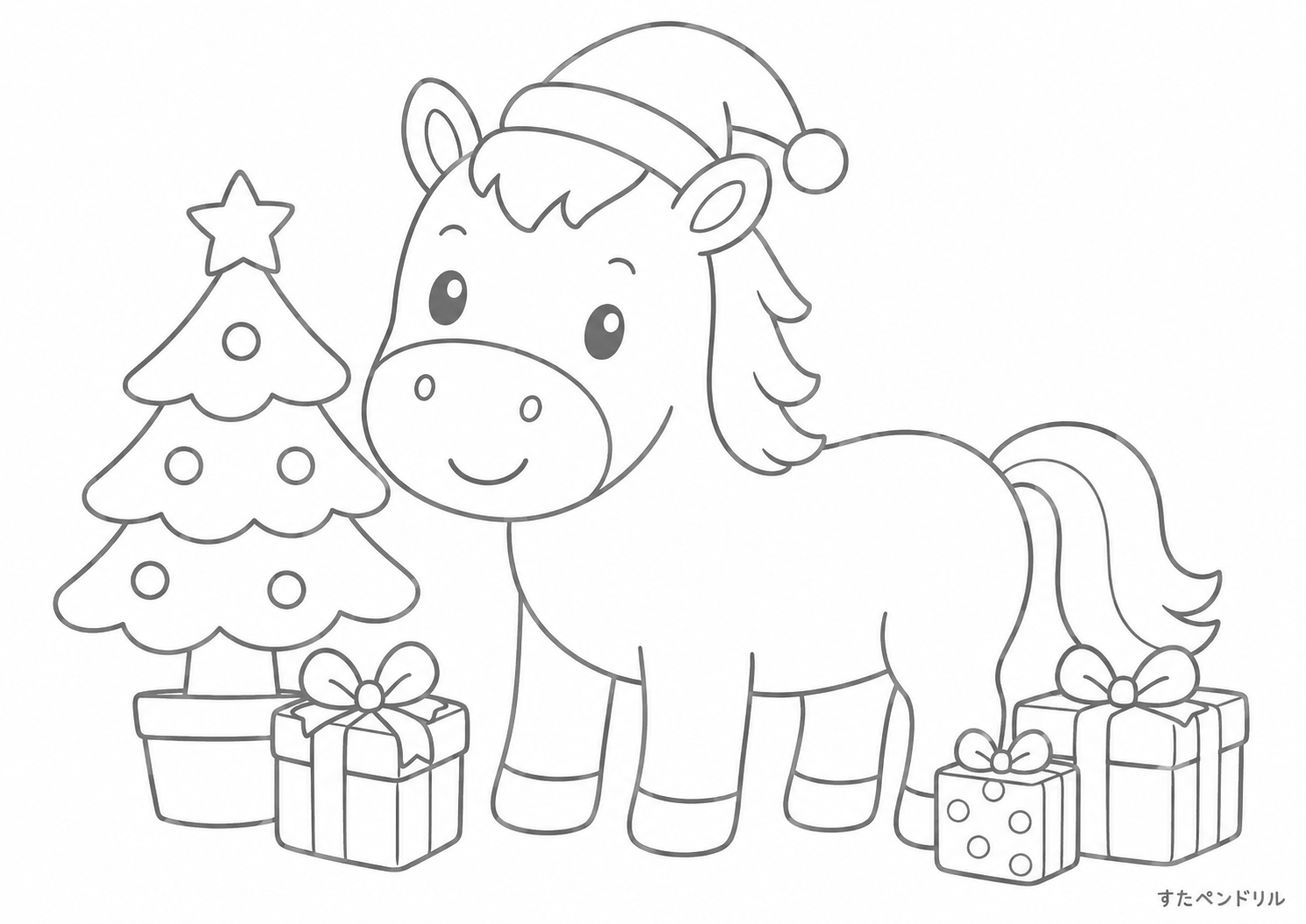 クリスマスとうまの塗り絵（無料ぬりえ・PDF印刷）