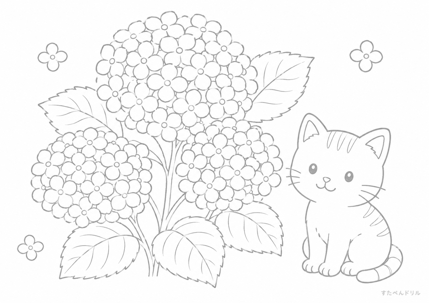 アジサイと子ねこのぬりえ 無料プリント A4 PDF