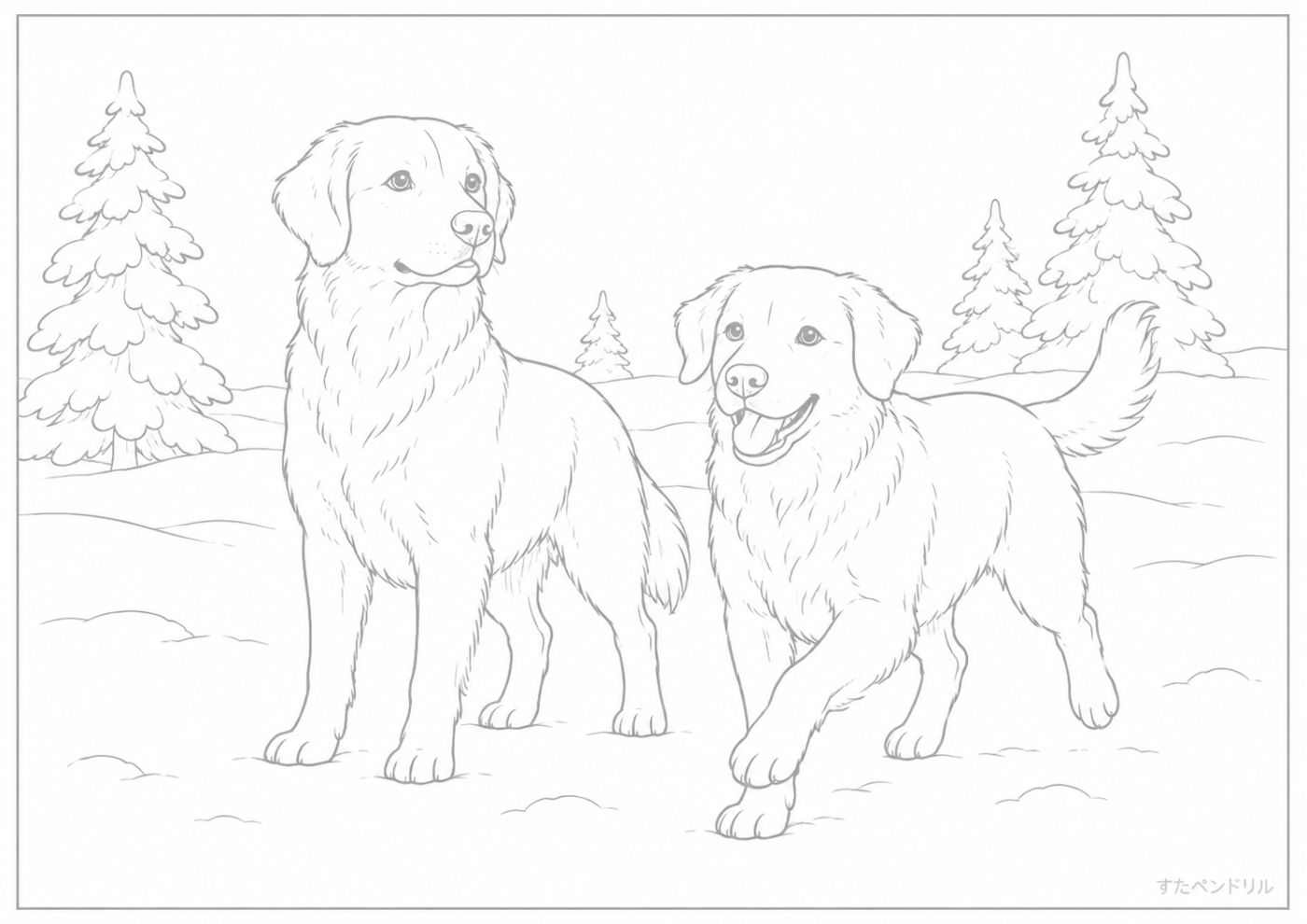 リアル・雪景色の犬たち ぬりえプリント A4 無料ダウンロード