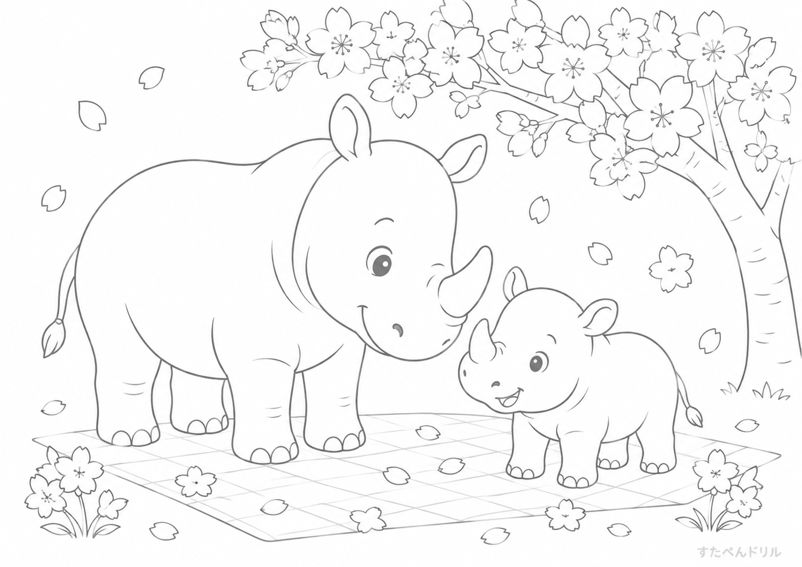 桜とサイの春ぬりえプリント