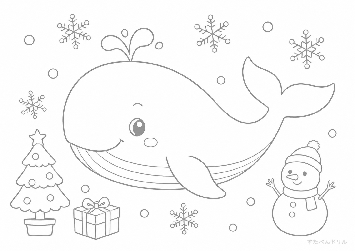 冬・クリスマスのクジラぬりえ 無料プリント A4 PDF