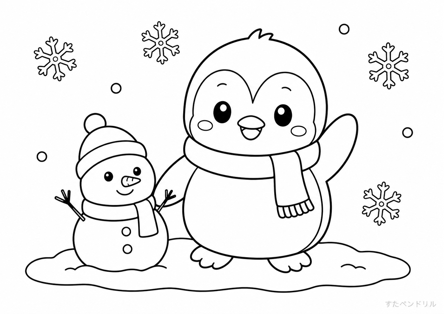 冬の雪だるまとペンギンのぬりえ
