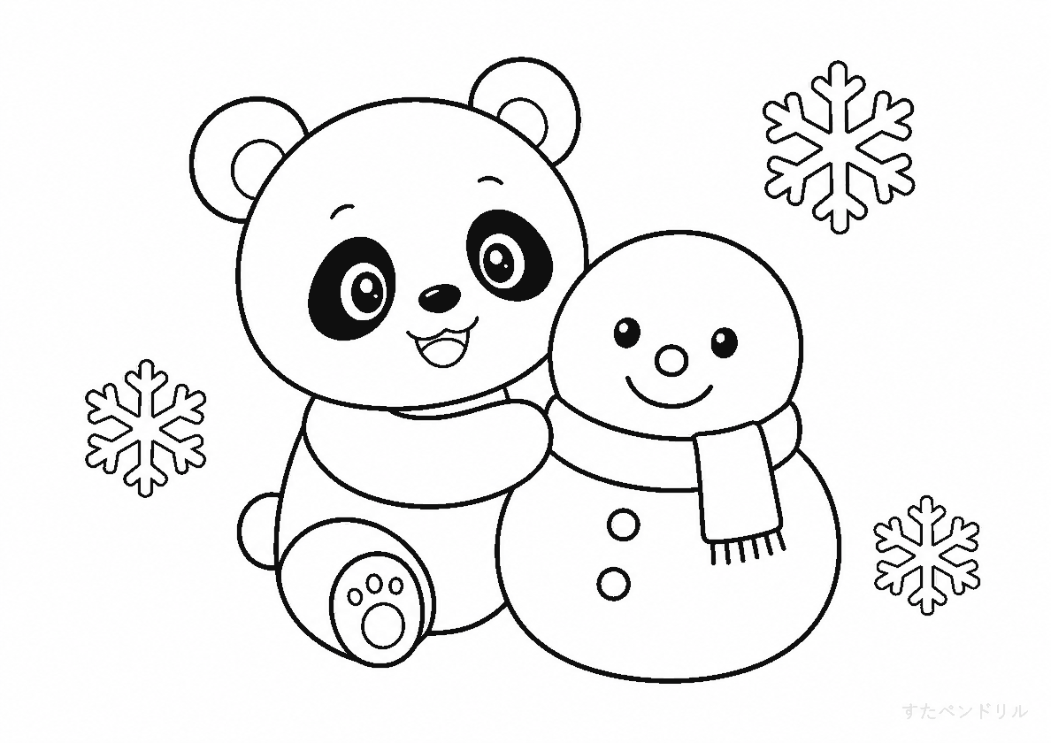 15 雪だるまとパンダ（冬） ぬりえ