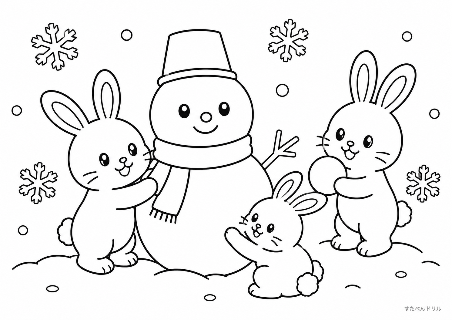 うさぎぬりえ・冬・雪だるまと一緒