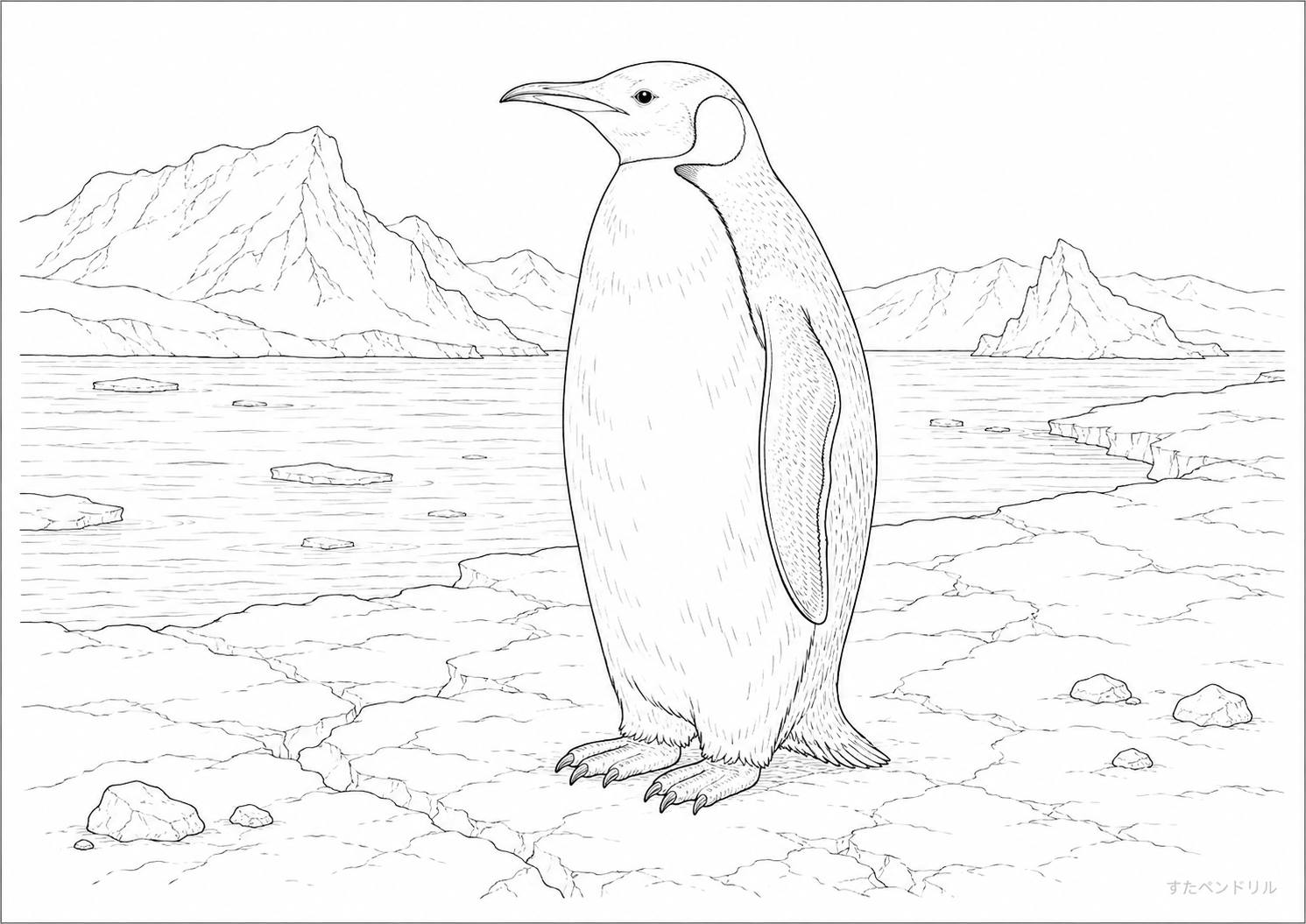 リアルな皇帝ペンギンと氷の海岸のぬりえ