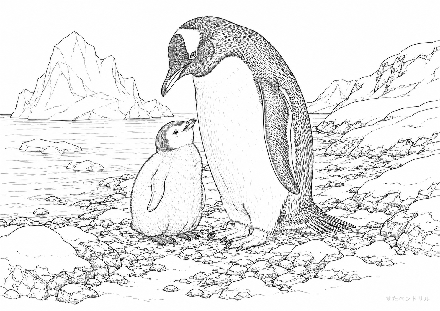 リアルな親子ペンギンのぬりえ
