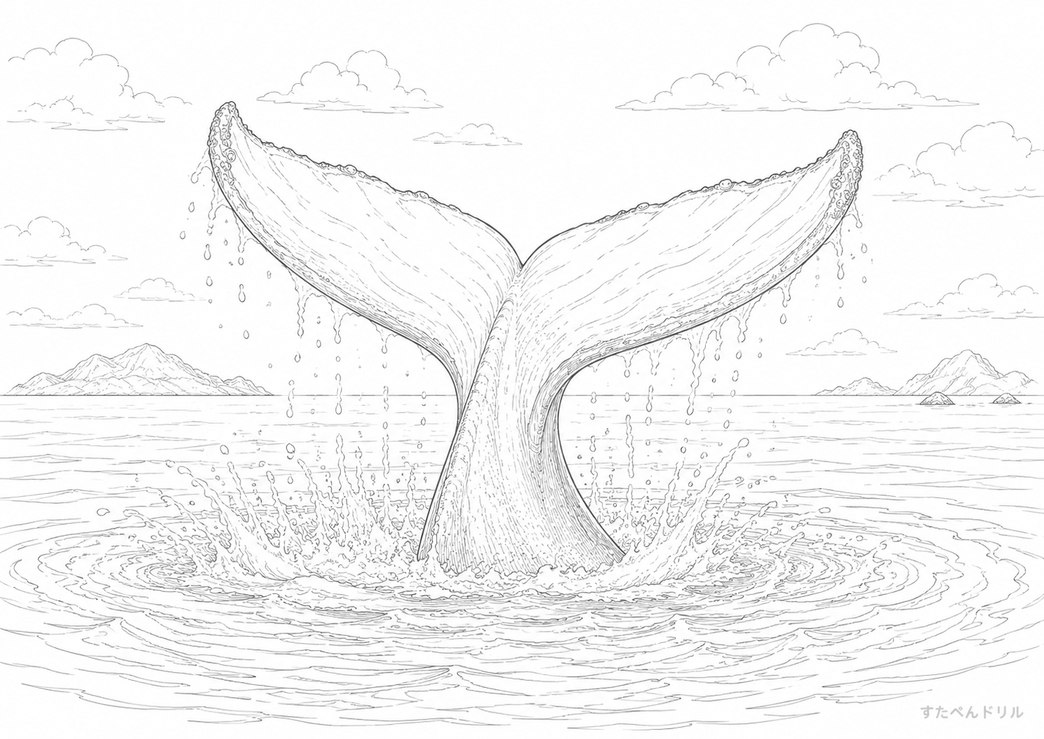 クジラのしっぽと水しぶきぬりえ 無料プリント A4 PDF
