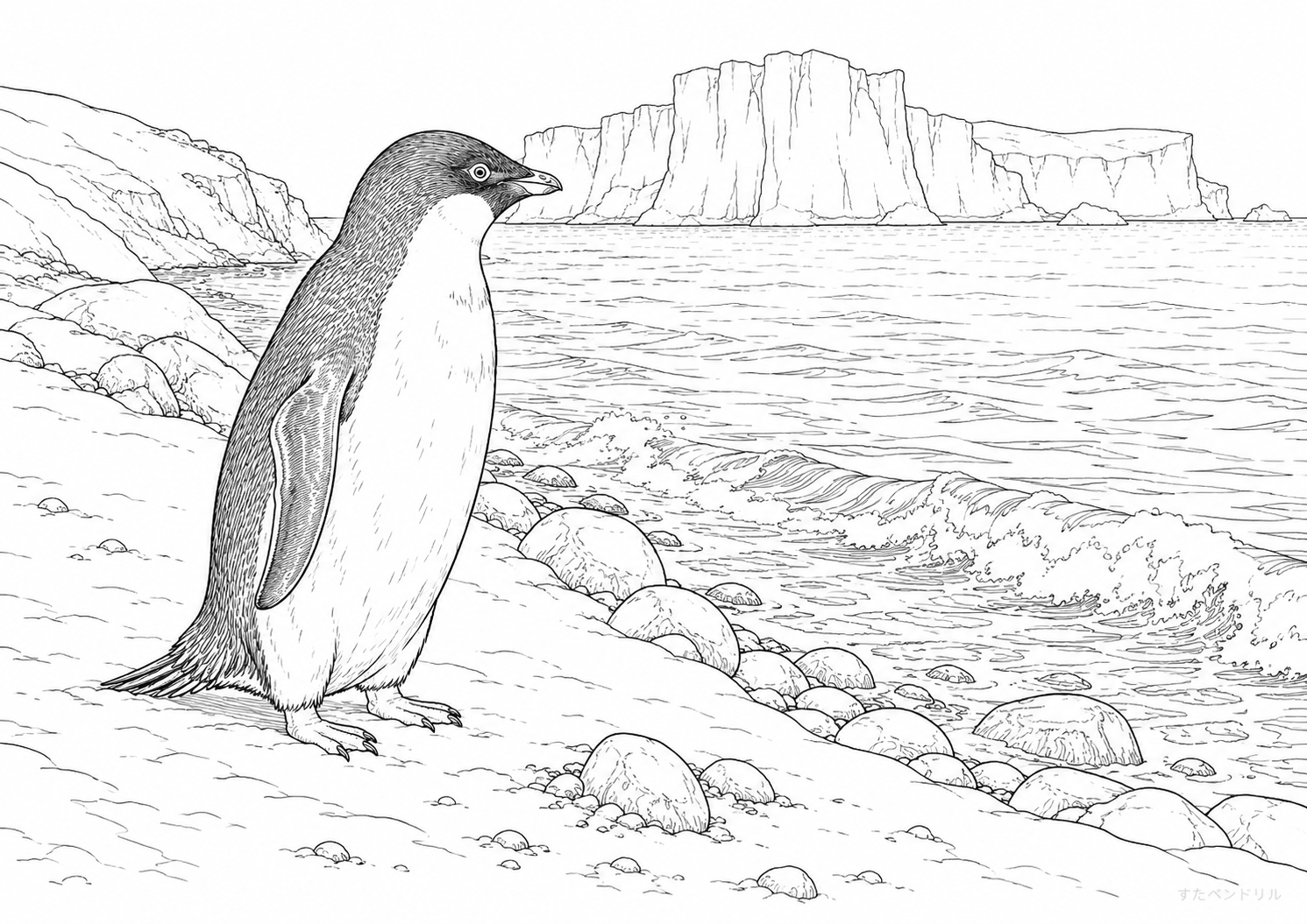 海岸に立つリアルなペンギンのぬりえ