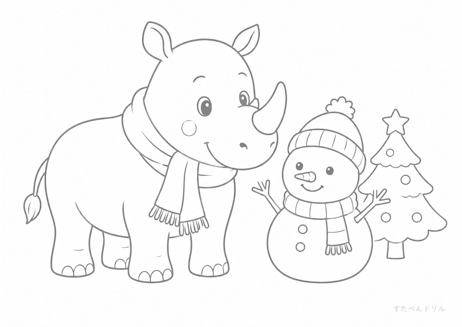 雪だるまとサイの冬ぬりえプリント