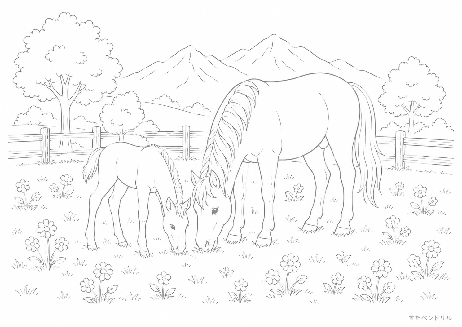そうげんで草をたべる親子うま（無料ぬりえ・PDF印刷）