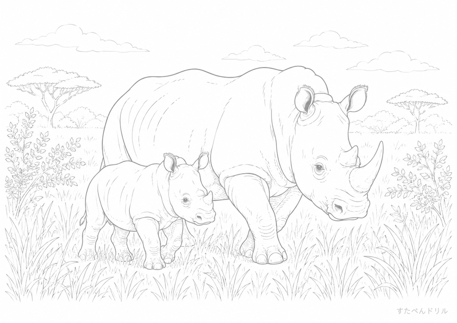 サバンナの親子サイぬりえプリント