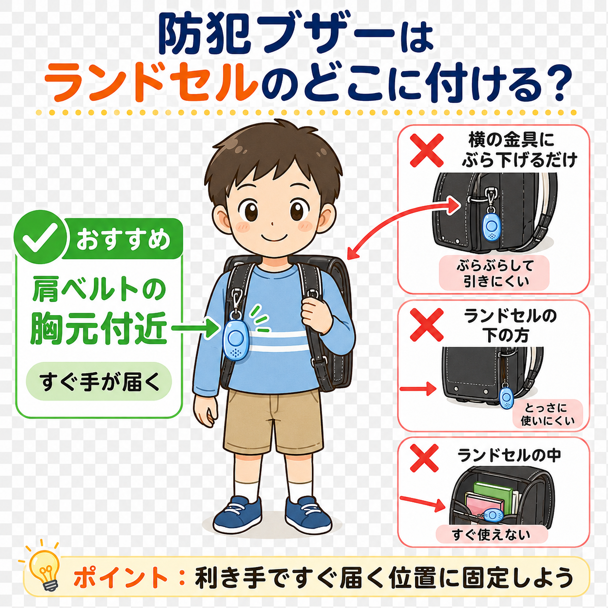 防犯ブザーはランドセルのどこに付ける？肩ベルト胸元付近に固定するのが正解で、横の金具にぶら下げるだけ・ランドセル下や中に入れるのはNGという図解