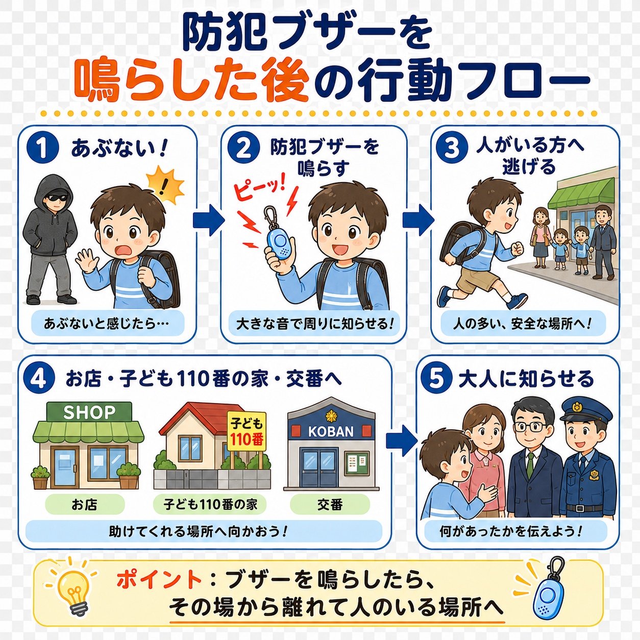 防犯ブザーを鳴らした後の行動フロー：①あぶないと感じる→②鳴らす→③人がいる方へ逃げる→④お店・子ども110番の家・交番へ→⑤大人に伝える