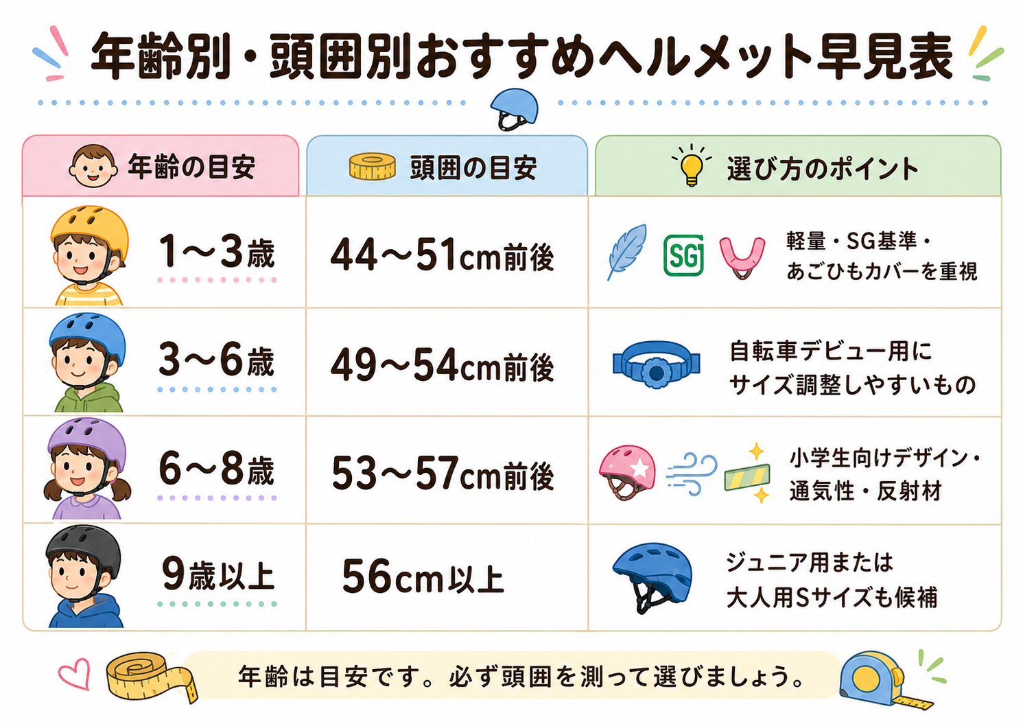 幼児と小学生のヘルメットサイズ早見表