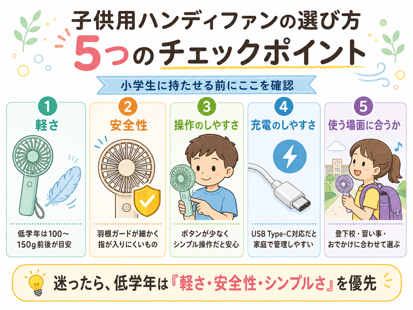 子供用ハンディファンの選び方5つのチェックポイント：軽さ・安全性・操作のしやすさ・充電のしやすさ・使う場面に合うか