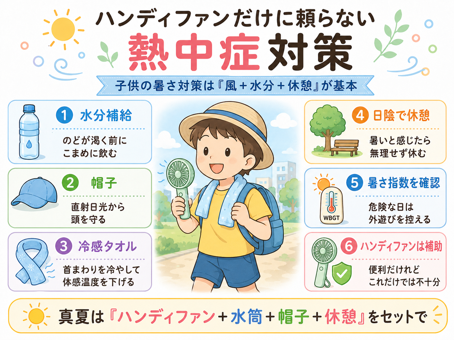 ハンディファンだけに頼らない子供の熱中症対策：水分補給・帽子・冷感タオル・日陰で休憩・暑さ指数の確認・ハンディファンは補助