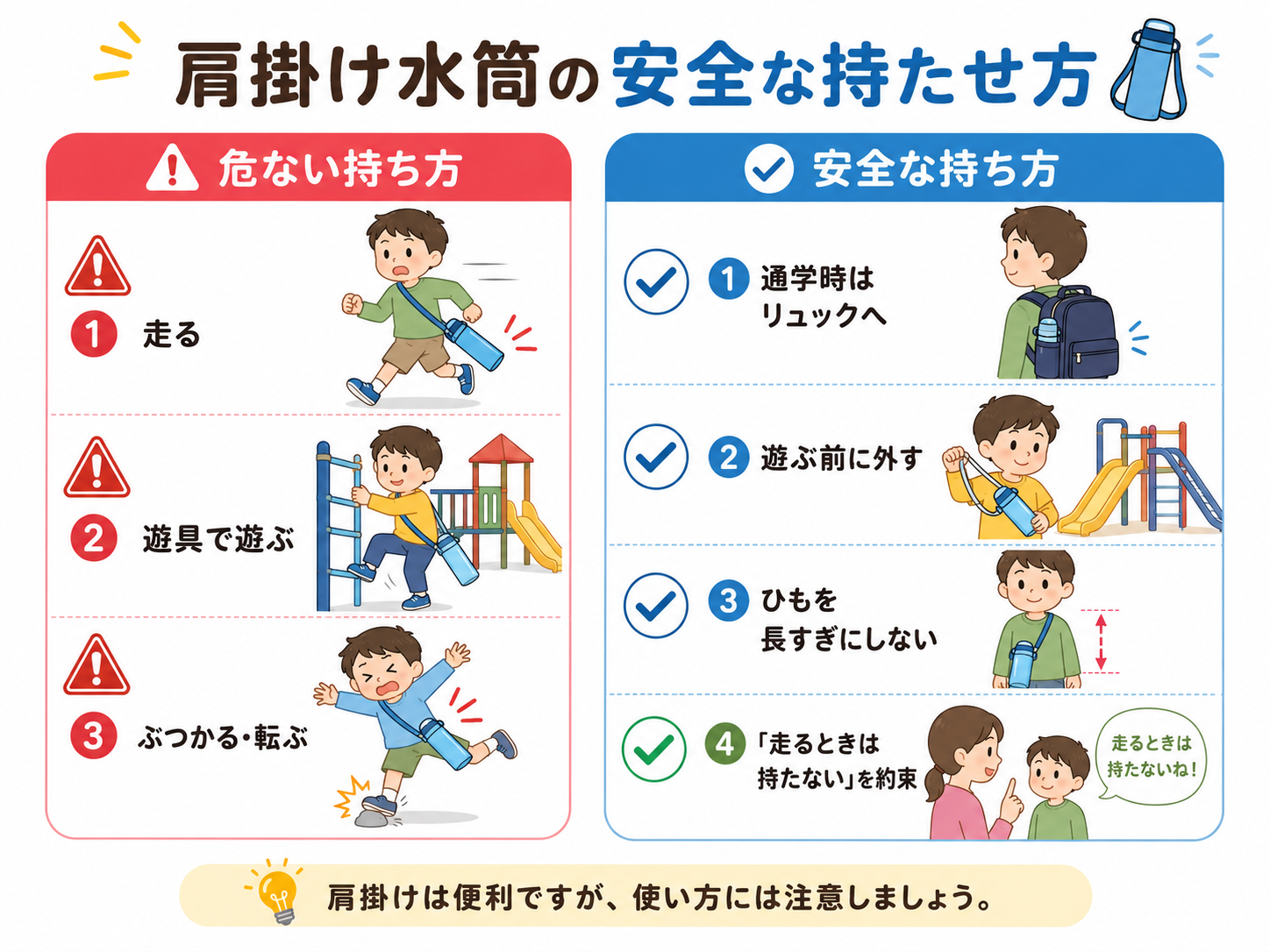 肩掛け水筒の安全な持たせ方(危ない持ち方/安全な持ち方)