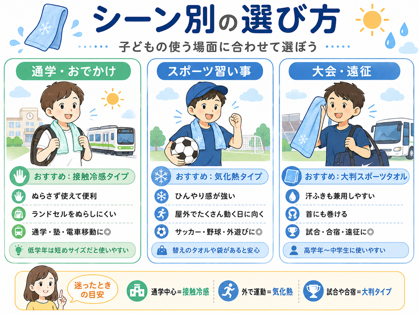 通学・スポーツ習い事・大会遠征のシーン別の冷感タオルの選び方