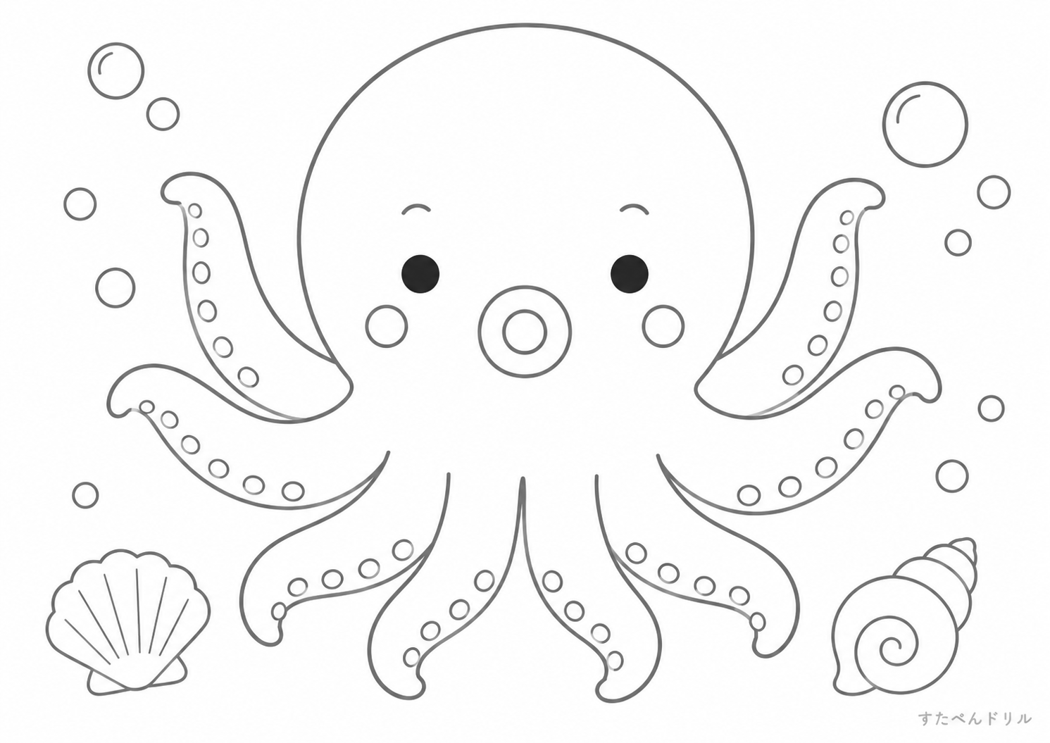 かわいいタコと海の仲間のぬりえ 無料プリント A4 PDF