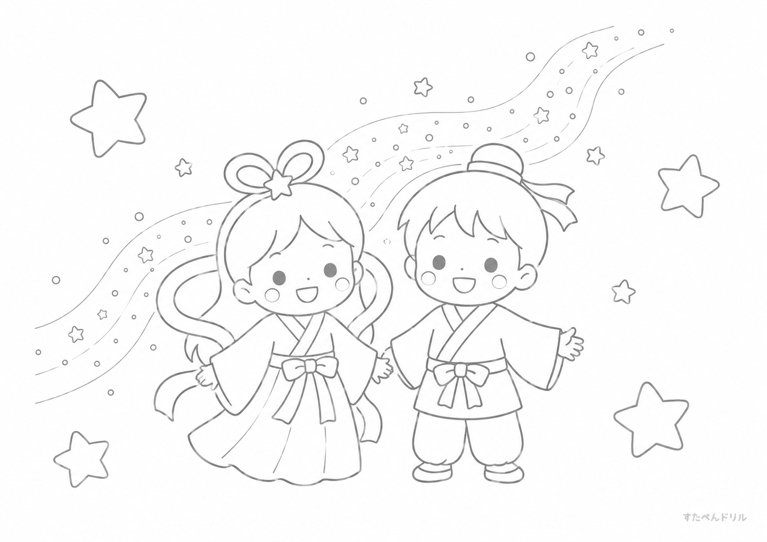 織姫と彦星 七夕のぬりえ無料プリントPDF