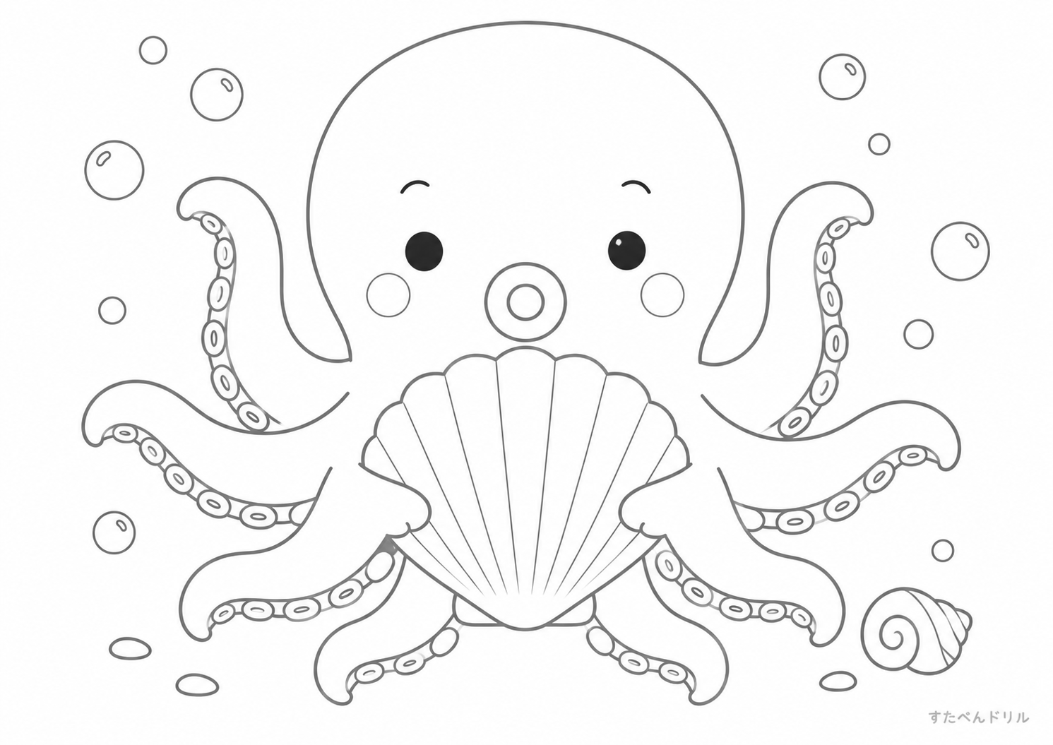 タコと貝がらのぬりえ 無料プリント A4 PDF