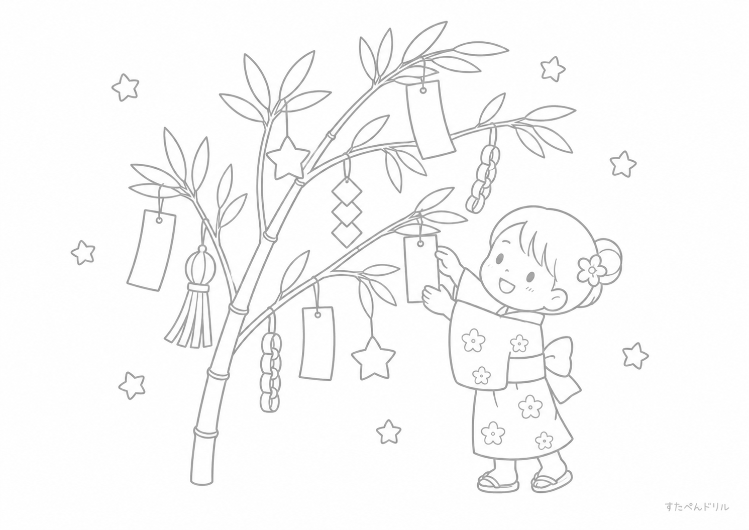 笹飾りと子ども 七夕のぬりえ無料プリントPDF