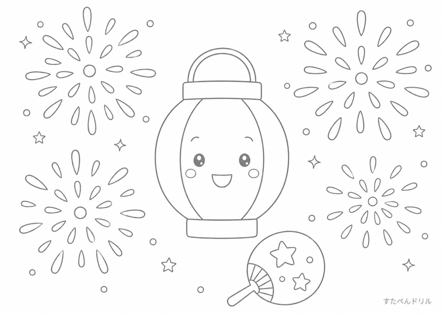 8月のぬりえ「夏祭りのちょうちんと花火」無料プリント