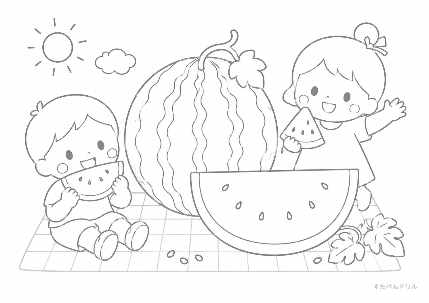 すいかのピクニック 夏のぬりえ無料プリント