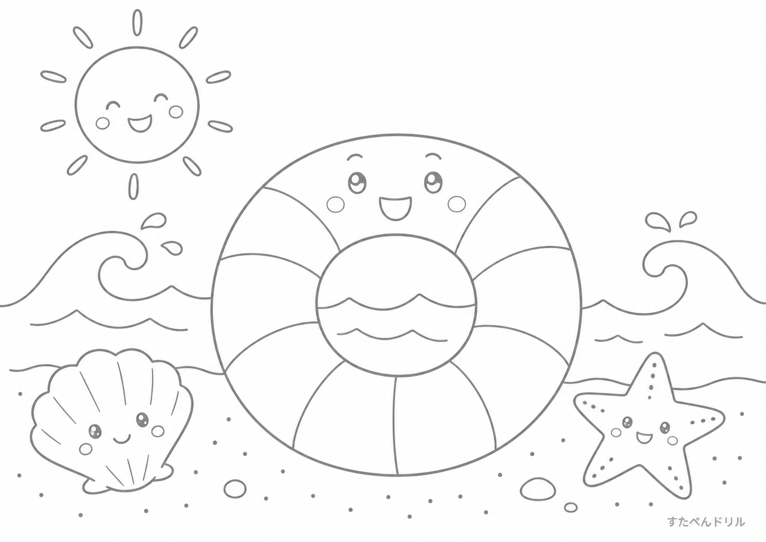 8月のぬりえ「海辺の水遊び」無料プリント