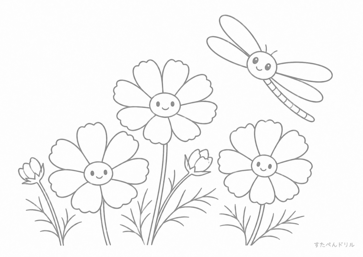 コスモスとトンボの9月ぬりえPDF