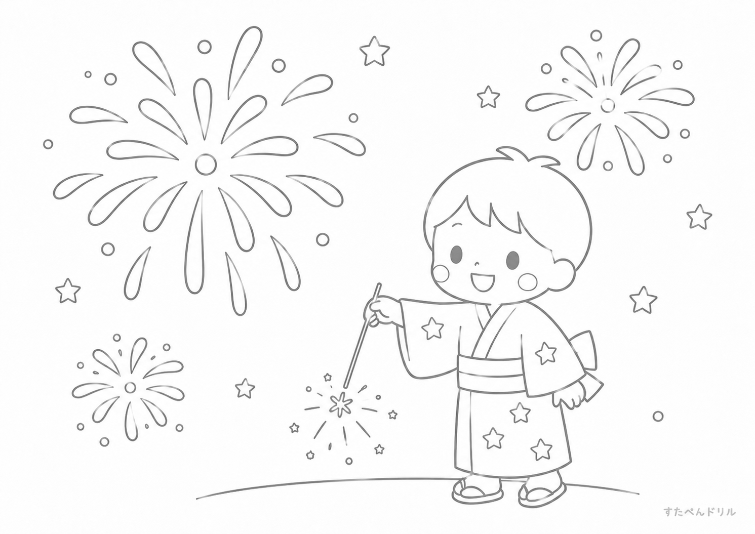 夏の花火と子ども 7月のぬりえPDF