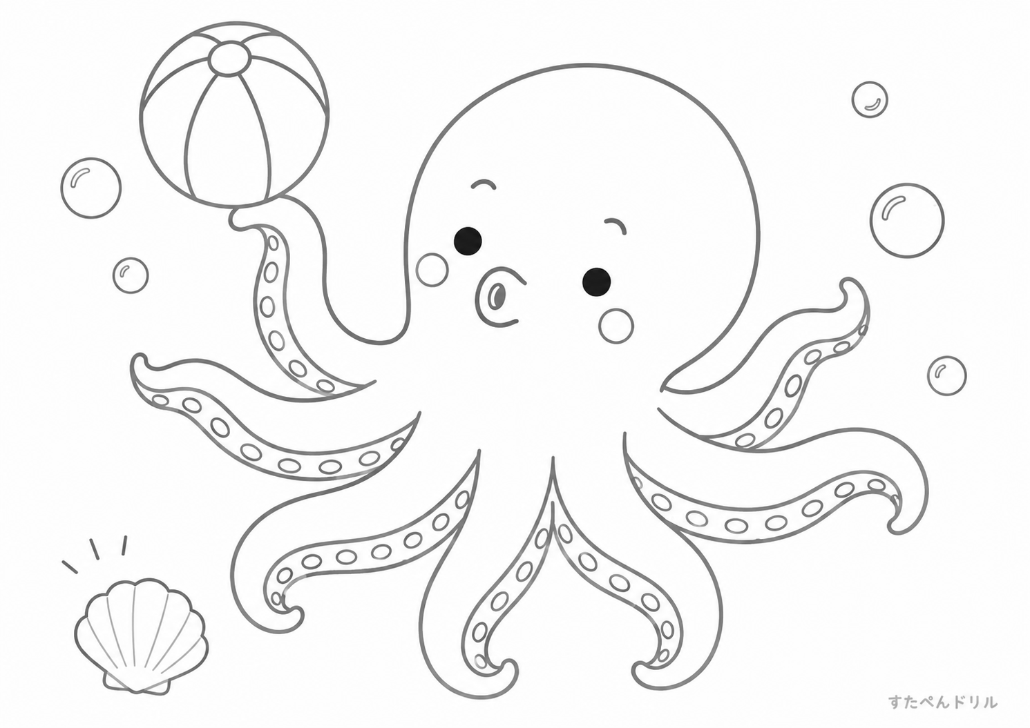 ビーチボールで遊ぶタコのぬりえ 無料プリント A4 PDF