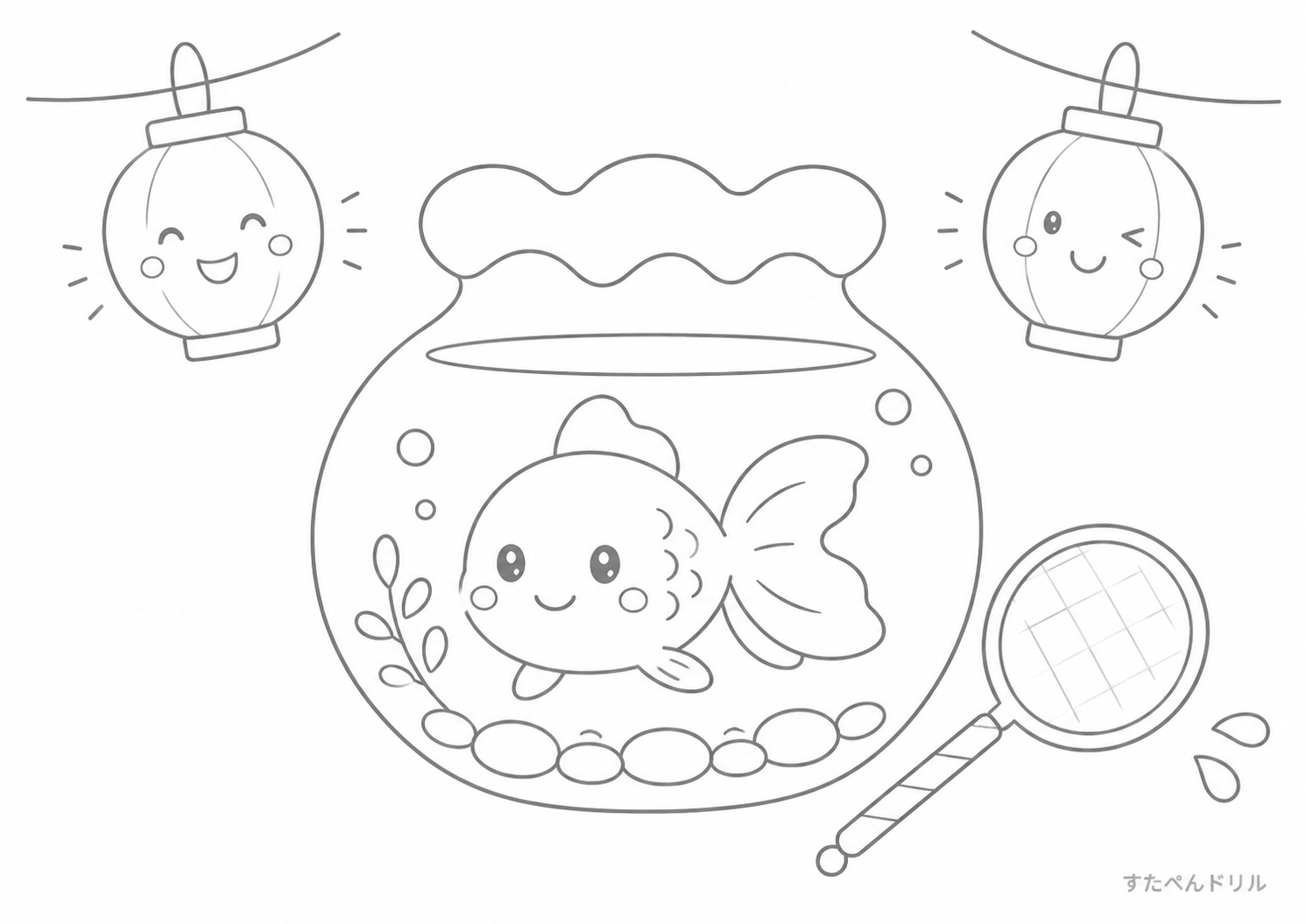 8月のぬりえ「金魚とちょうちん」無料プリント