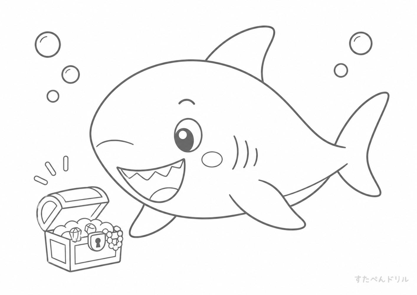宝箱とサメのぬりえ サメ ぬりえ 無料プリント A4 PDF