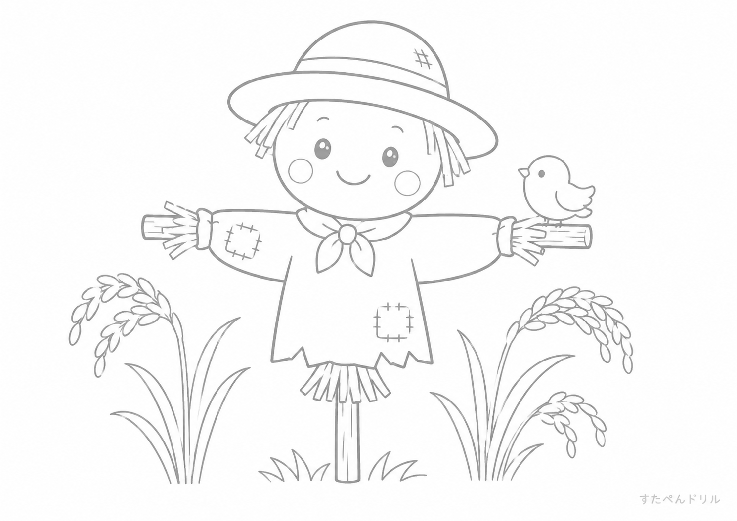 かかしと小鳥の秋ぬりえ無料プリント