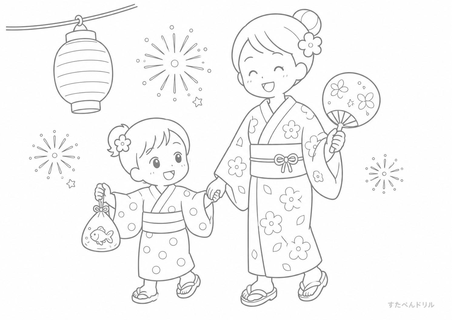 8月のぬりえ「浴衣の親子」無料プリント